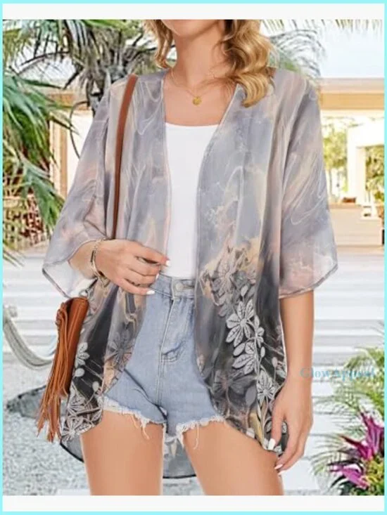 XXL Puff Sleeve Kimono Cardigan Chiffon Cover Up Loose Fit - Picture 4 of 7